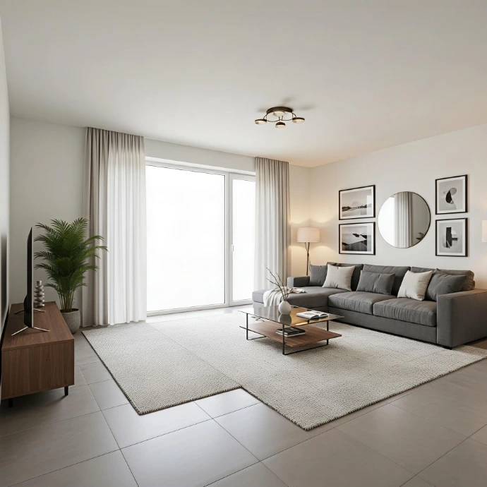 Contemporary living room interior with sofa, lighting and decor