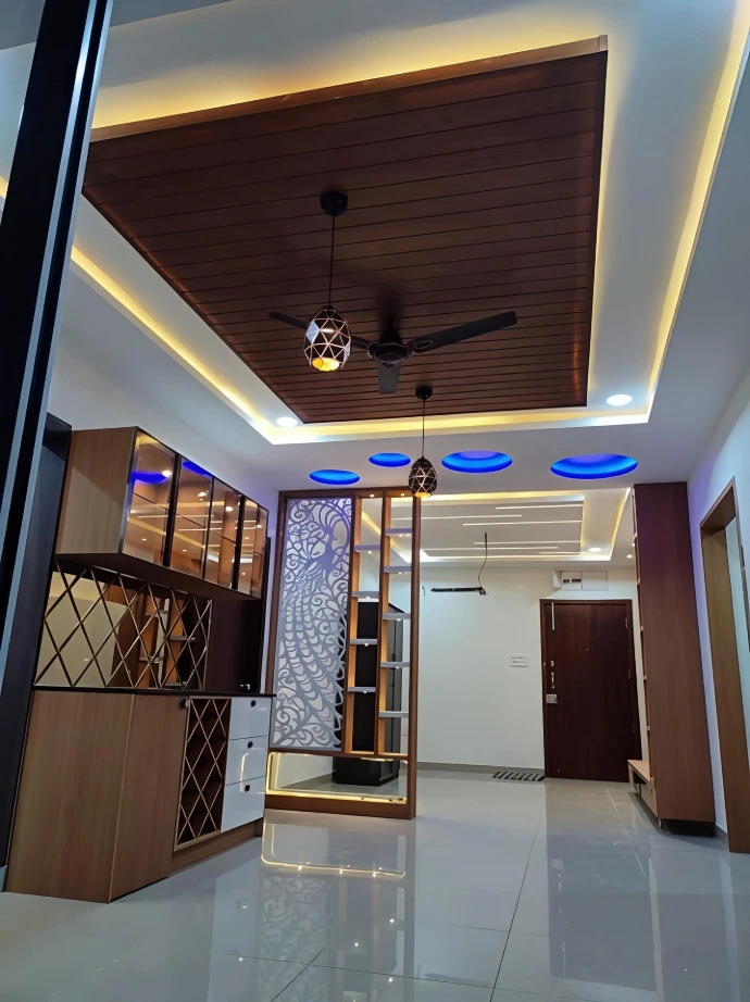 Contemporary living room interior with sofa, lighting and decor