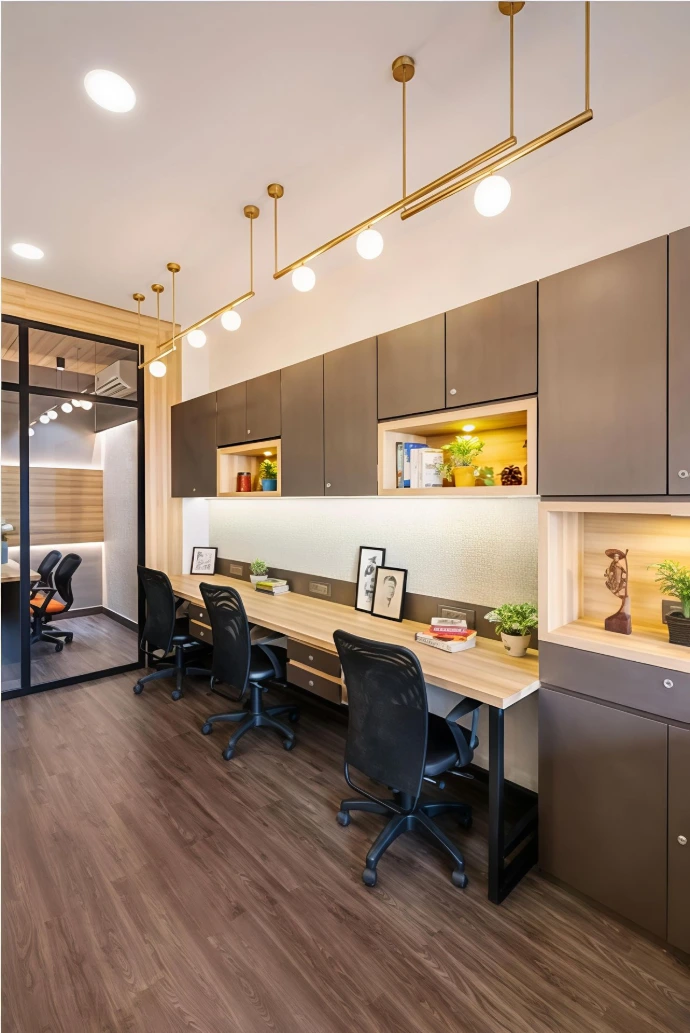 Office interior design with workstations and storage units
